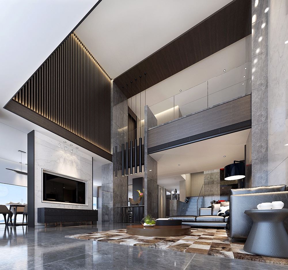黑白灰现代简约风格室内装修效果图-北海天湖郦都别墅420平米